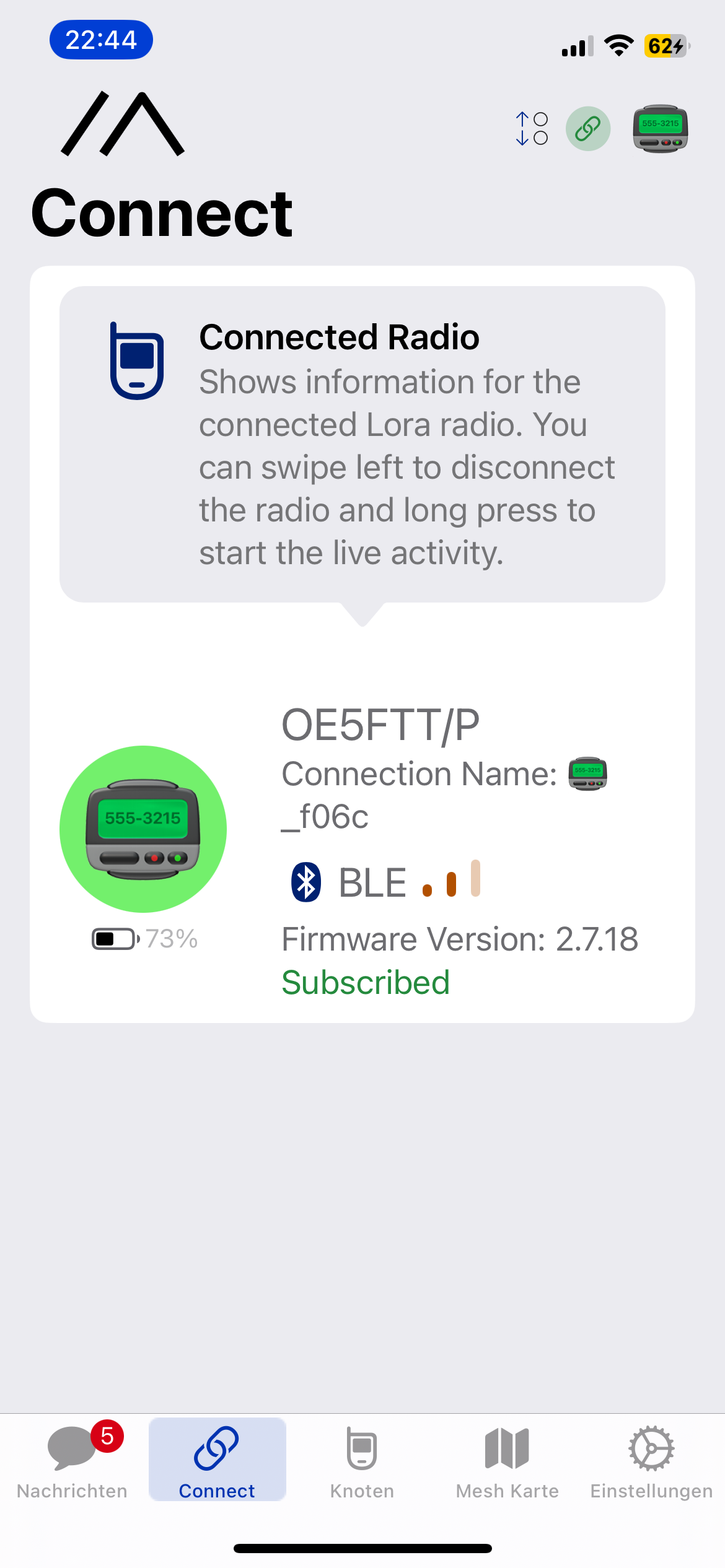 Meshtastic App Übersicht nach Bluetooth-Verbindung mit LoRa-Gerät